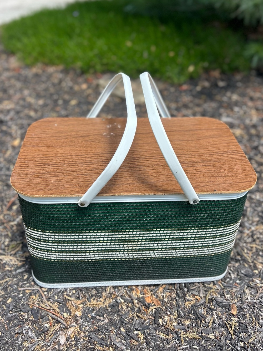 Vintage Redman Green & Wood Accent Picnic Basket with White Handles